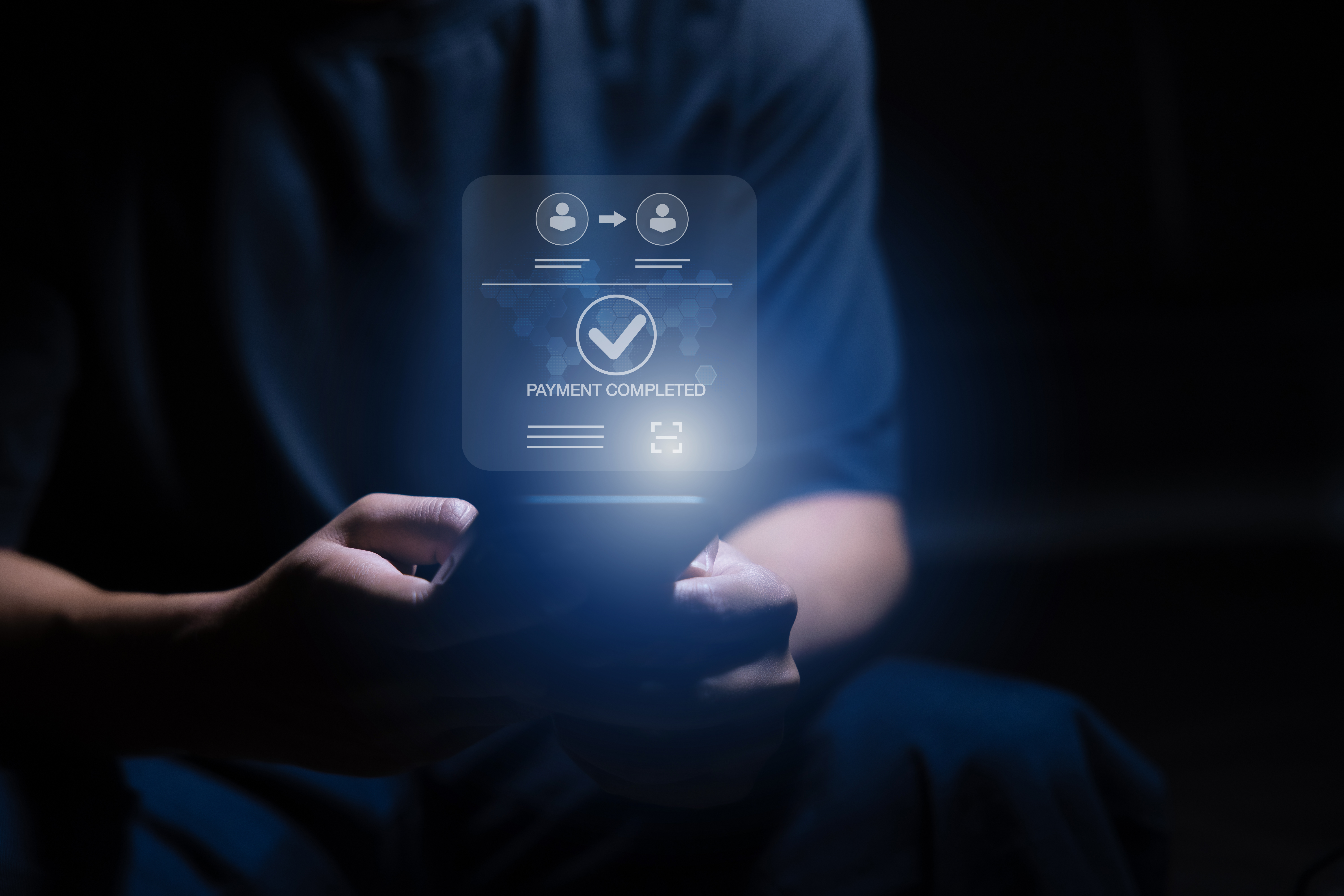 Digital banking network, internet payment, financial technology or FinTech concept. Businessman using smartphone with icons on virtual screen, online shopping and payment via mobile banking apps